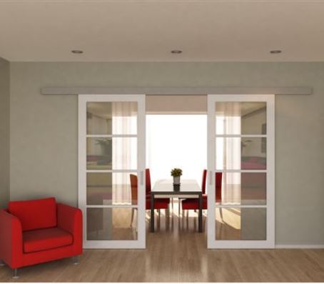 Sliding door between a living room and a dining room.