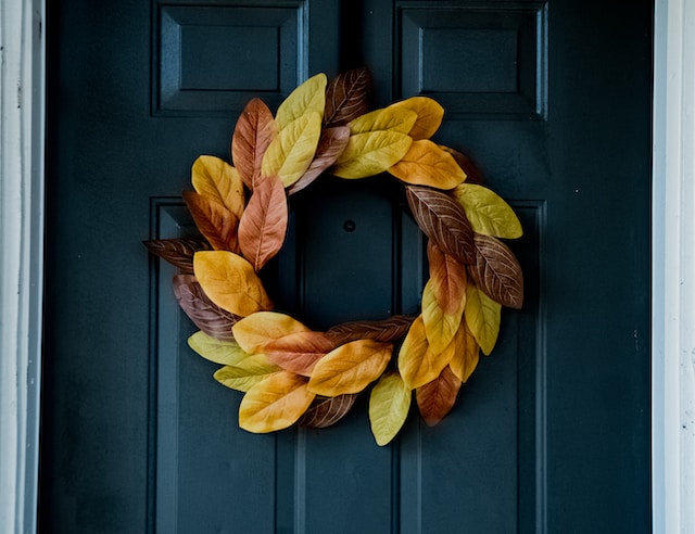 Front door with an autumn wreath